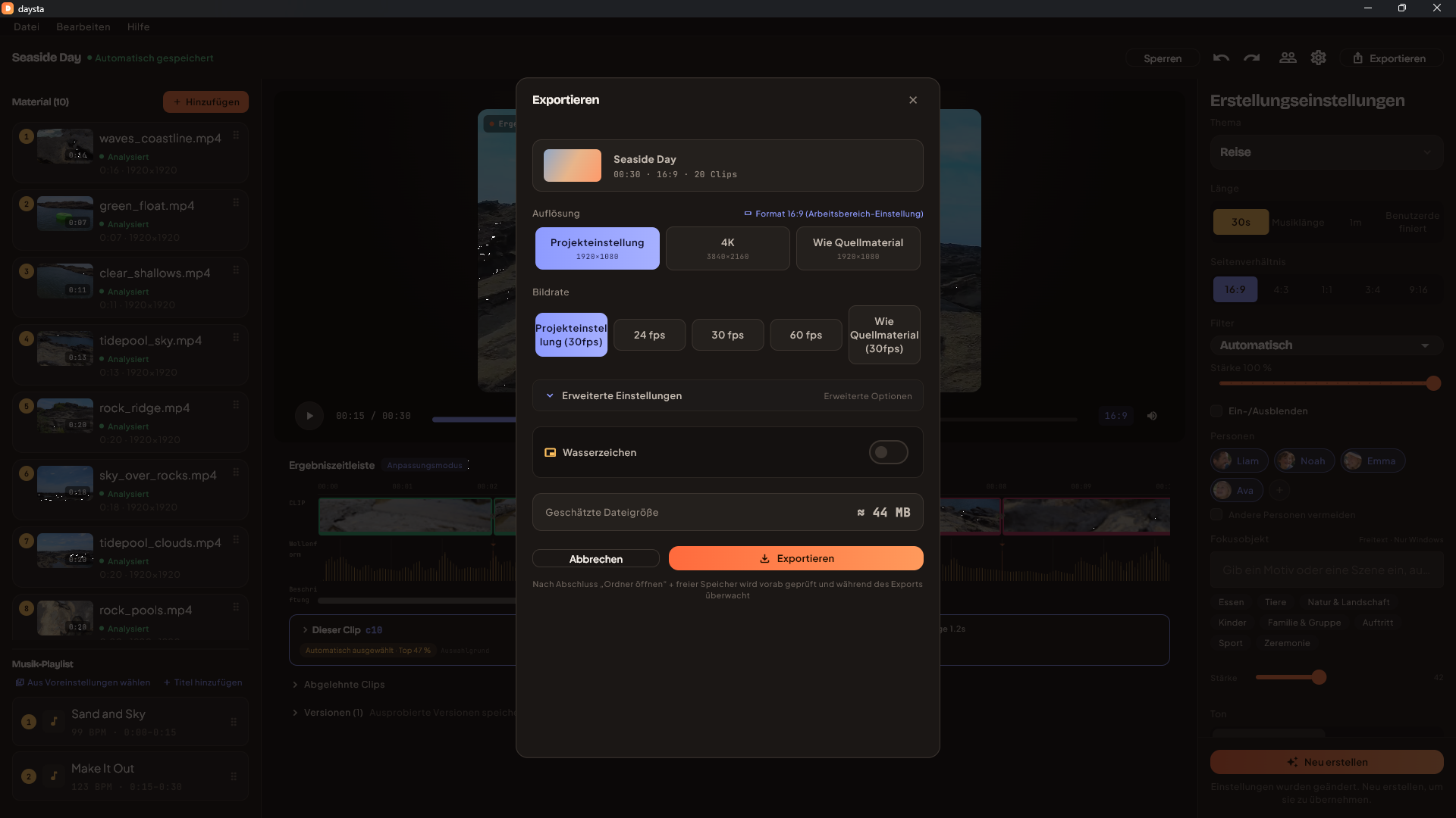 Der Export-Dialog mit Auflösung, Bildrate, Codec, Bitrate und geschätzter Dateigröße