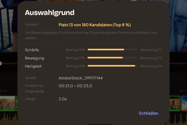 Der Dialog zum Auswahlgrund mit dem Beitrag jedes Kriteriums und dem Rang des Clips unter den Kandidaten