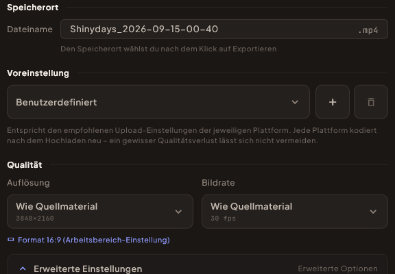 Der Export-Dialog mit Auflösung, Bildrate, Codec, Bitrate und geschätzter Dateigröße