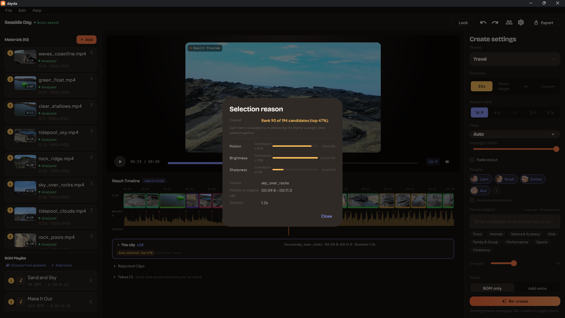 The selection reason dialog, showing each signal's contribution and the clip's rank among candidates