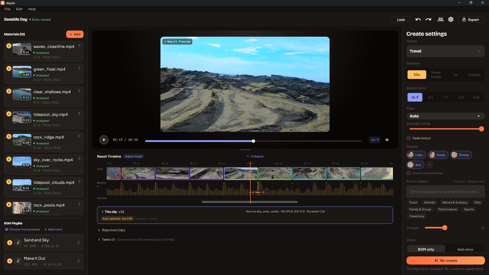 A zoomed result timeline where cut points line up with the peaks in the audio waveform