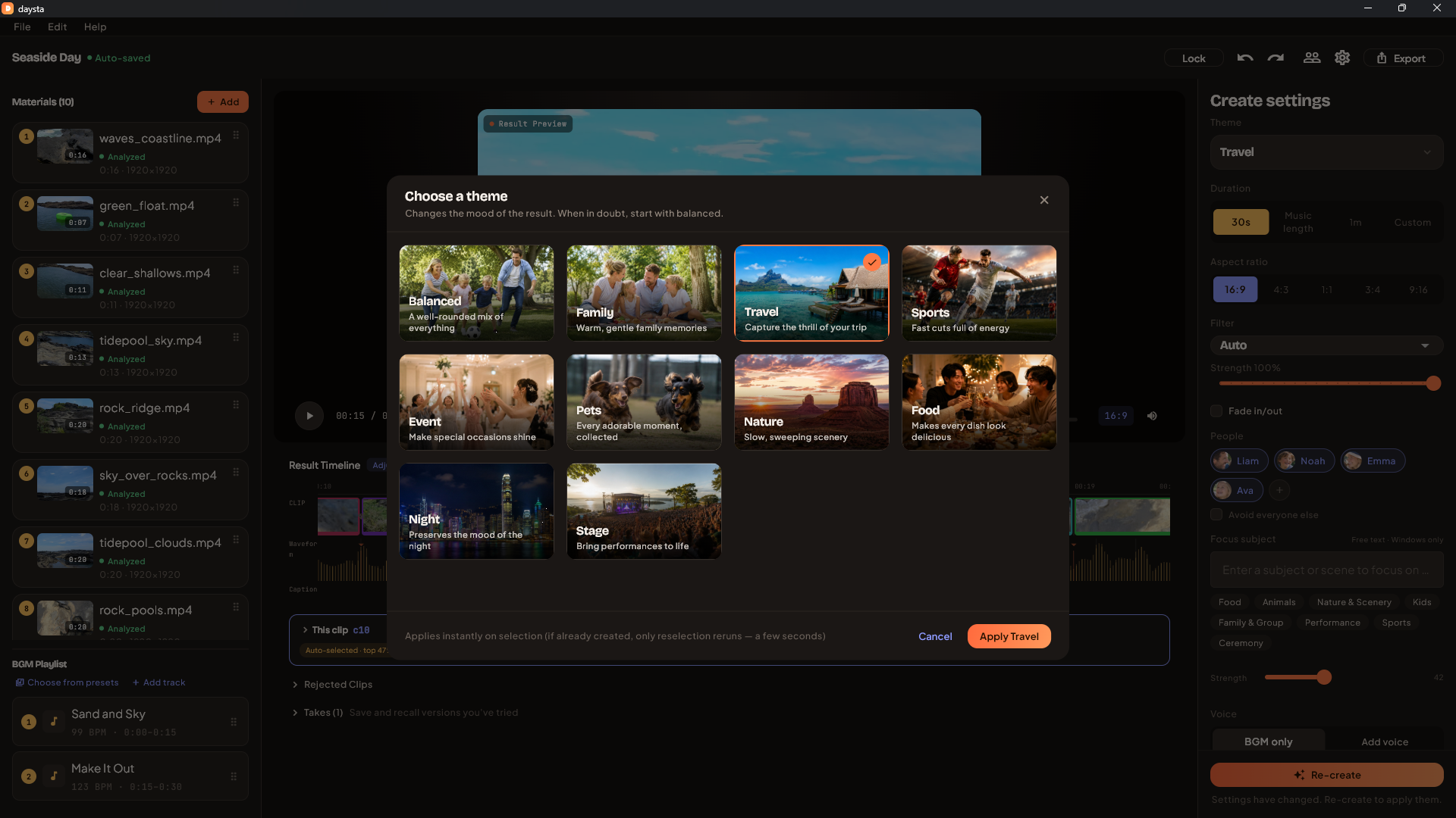 The theme picker showing ten themes as thumbnails