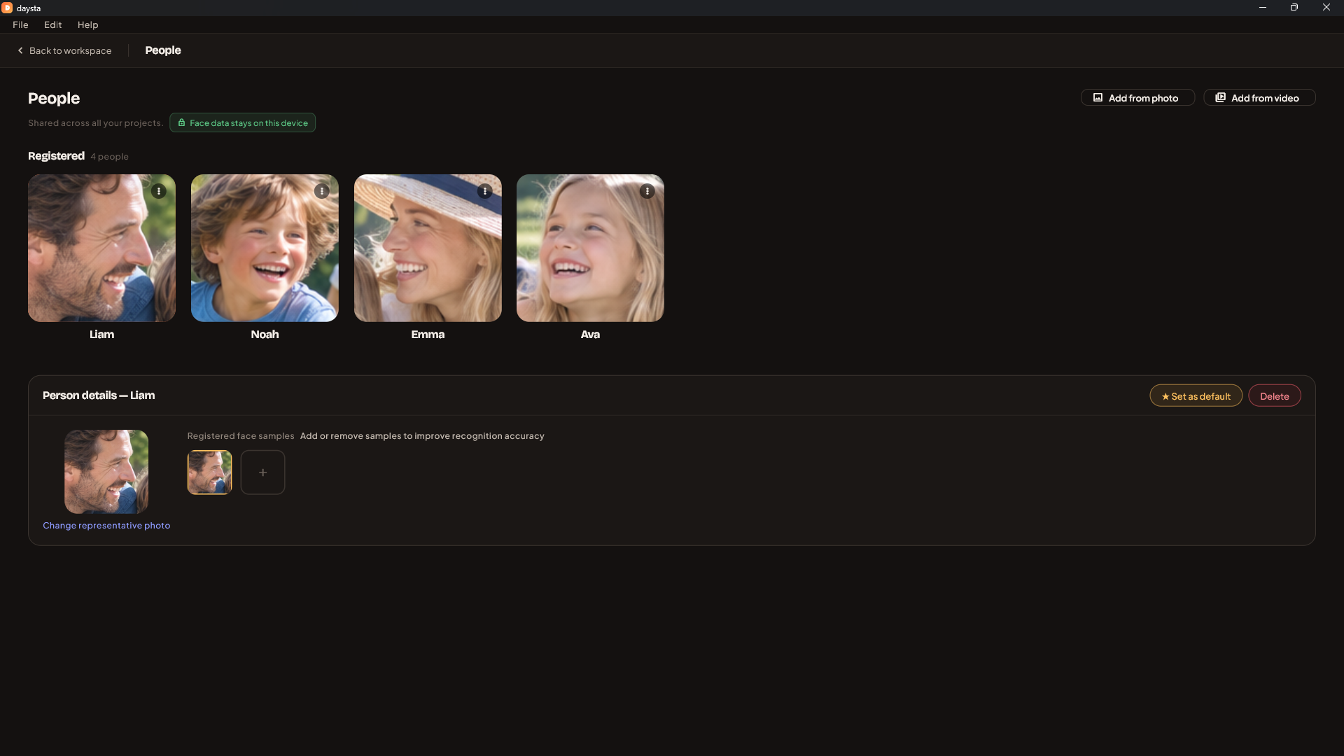 The people library, with registered people and a badge reading that face data stays on the device