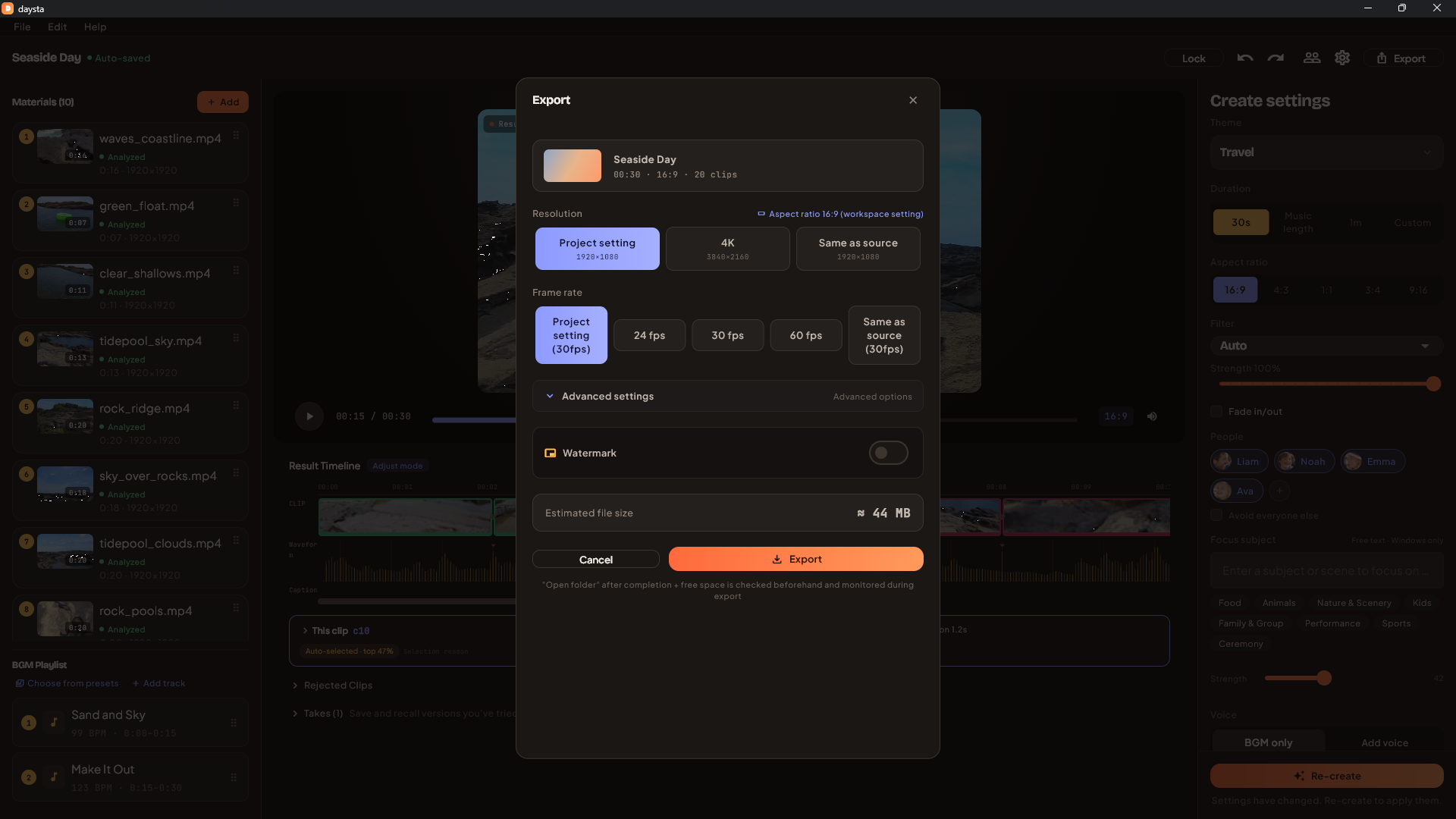 The export dialog showing resolution, frame rate, codec, bitrate and estimated file size