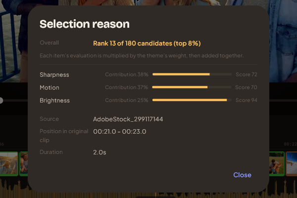 The selection reason dialog, showing each signal's contribution and the clip's rank among candidates