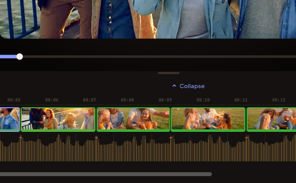 A zoomed result timeline where cut points line up with the peaks in the audio waveform