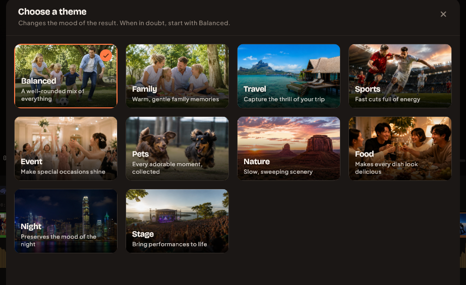 The theme picker showing ten themes as thumbnails