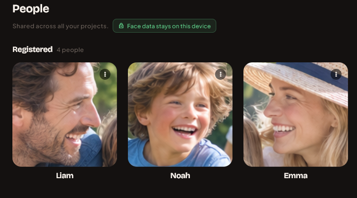 The people library, with registered people and a badge reading that face data stays on the device