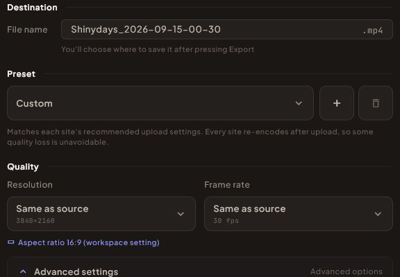 The export dialog showing resolution, frame rate, codec, bitrate and estimated file size
