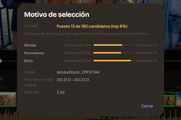 El diálogo de motivo de selección, con la contribución de cada criterio y la posición del clip entre los candidatos