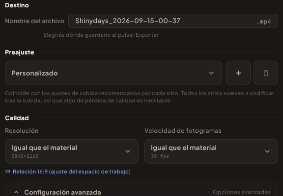 El diálogo de exportación con resolución, velocidad de fotogramas, códec, tasa de bits y tamaño de archivo estimado