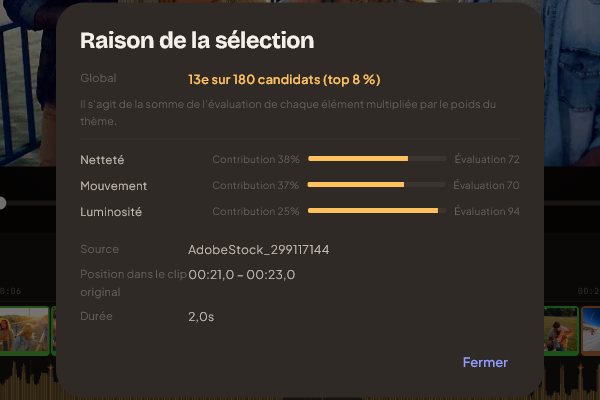 La fenêtre de raison de la sélection, avec la contribution de chaque critère et le classement du plan parmi les candidats