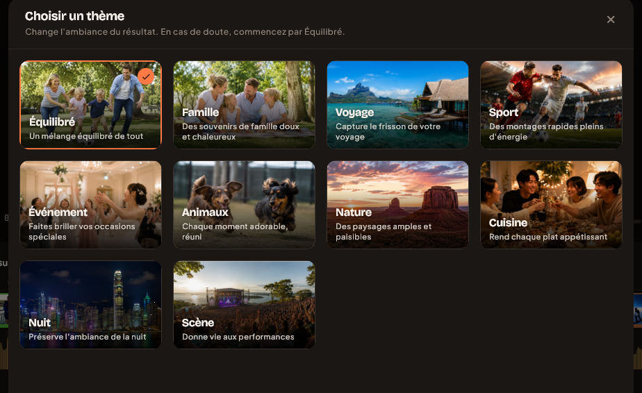 Le sélecteur de thèmes affichant dix thèmes sous forme de vignettes
