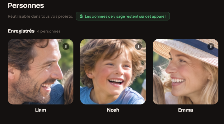 La bibliothèque de personnes, avec les personnes enregistrées et un badge indiquant que les données de visage restent sur l'appareil