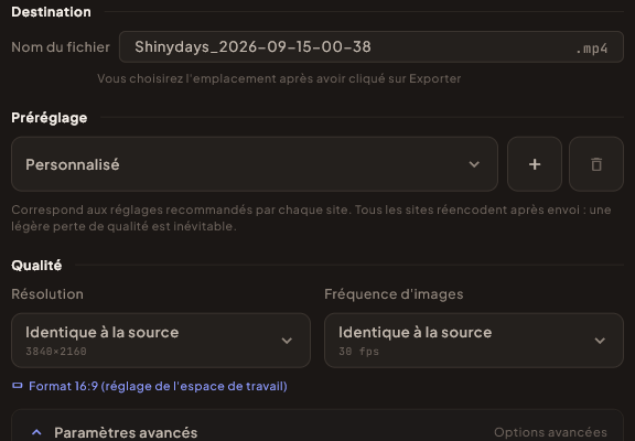 La fenêtre d'exportation affichant résolution, fréquence d'images, codec, débit et taille de fichier estimée