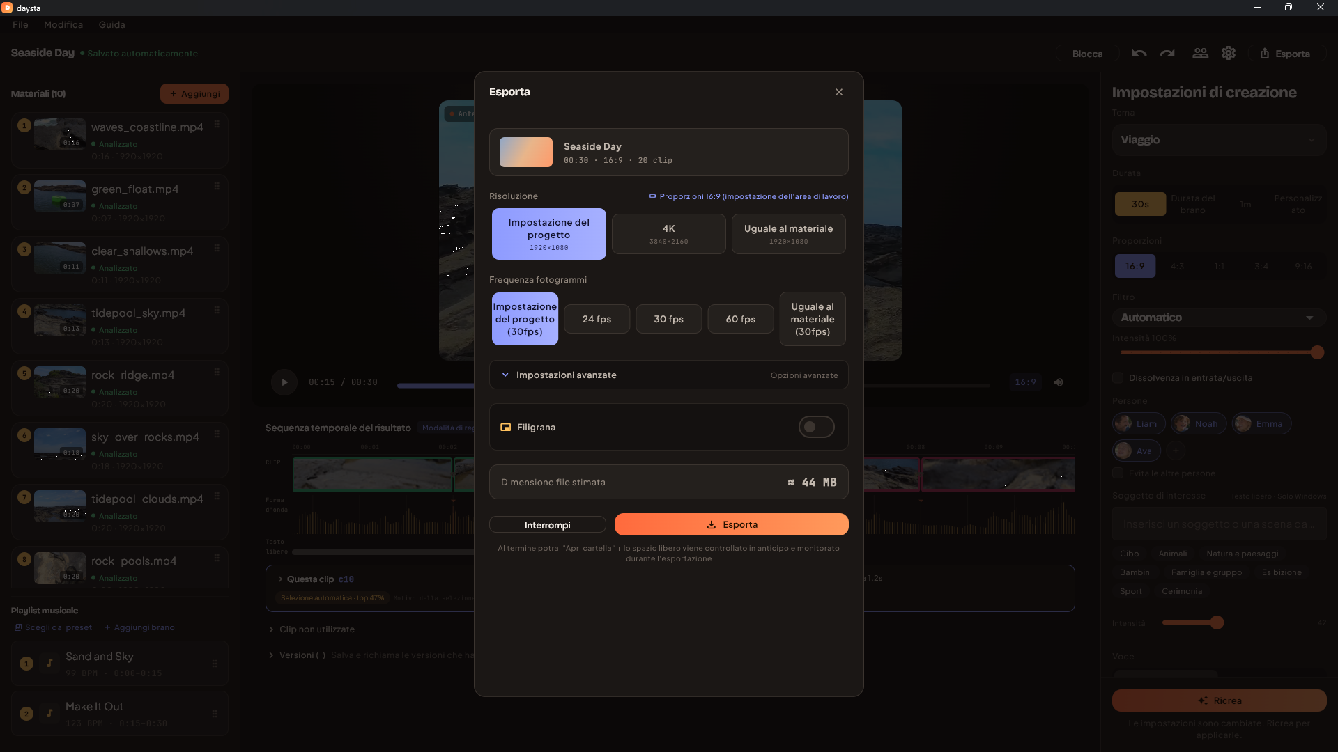 La finestra di esportazione con risoluzione, frequenza fotogrammi, codec, bitrate e dimensione file stimata