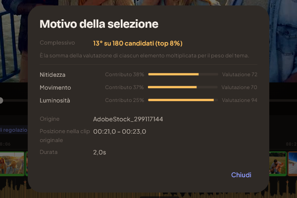 La finestra del motivo della selezione, con il contributo di ogni criterio e la posizione della clip tra i candidati