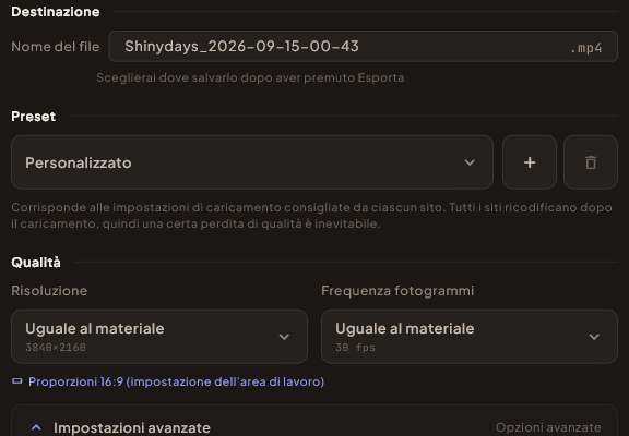 La finestra di esportazione con risoluzione, frequenza fotogrammi, codec, bitrate e dimensione file stimata