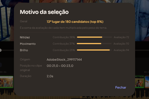 A caixa de diálogo do motivo da seleção, com a contribuição de cada critério e a posição do clipe entre os candidatos