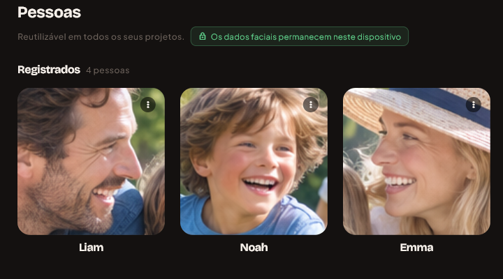 A biblioteca de pessoas, com as pessoas registradas e um selo indicando que os dados de rosto ficam no dispositivo