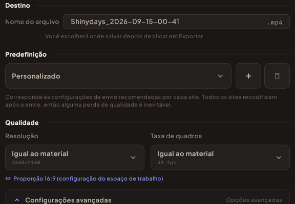 A caixa de diálogo de exportação com resolução, taxa de quadros, codec, taxa de bits e tamanho de arquivo estimado