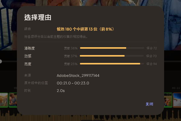 选择理由对话框，显示各评价项目的贡献度以及在候选中的排名